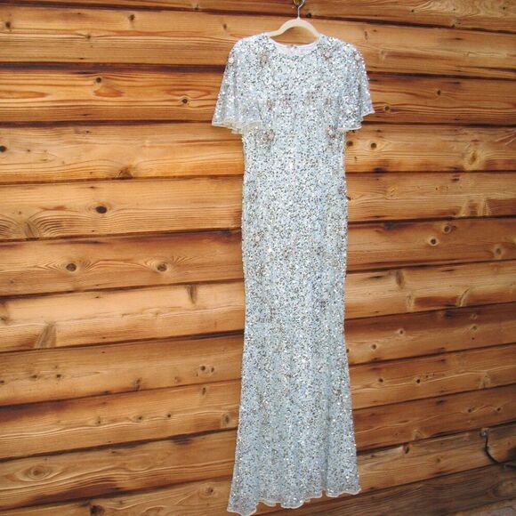 MAC DUGGAL 93932 Blue Flutter Sleeve Sequin High Neck Gown - Picture 6 of 15